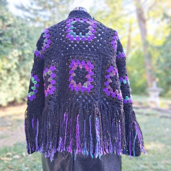 Granny Square Super Fringe Black Purple Greens L/XL - Picture 10 of 12